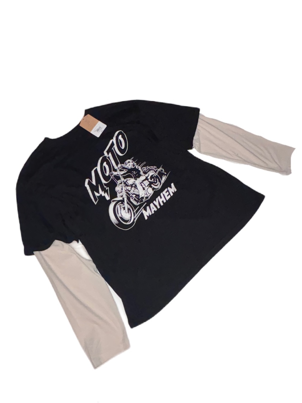 Moto Mayhem Layered-Look Long Sleeve Tee in Black & Cream Boys L (14/16H) husky